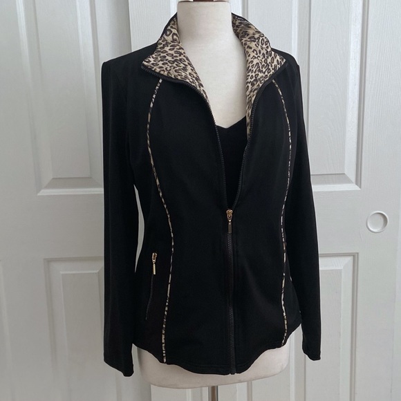 - Jackets & Blazers - Black Zip-Up Athletic Jacket w/Leopard Trim by NEIMAN MARCUS